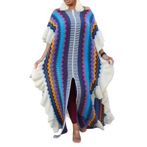 Colorful Ruffle Sweater Dress Zigzag Stripe Pattern Long Kaftan Kimono One Size